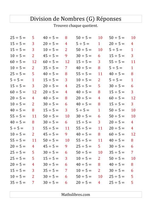 Division de Nombres Par 5 (Quotient 1 - 12) (G) page 2