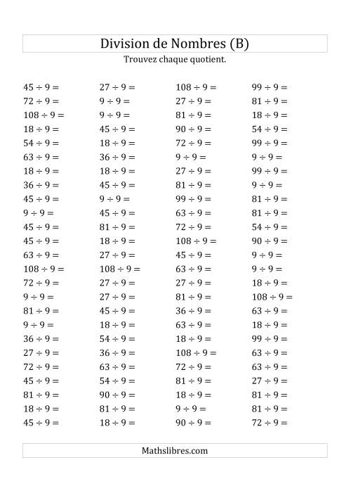 Division de Nombres Par 9 (Quotient 1 - 12) (B)