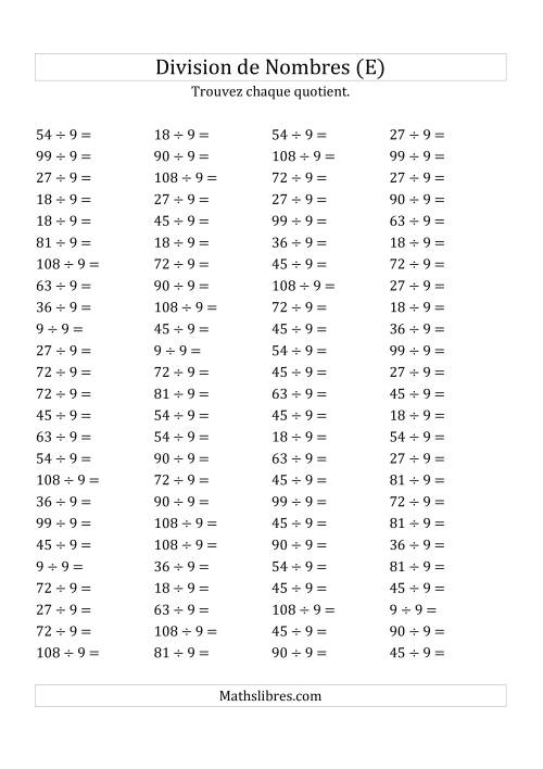 Division de Nombres Par 9 (Quotient 1 - 12) (E)