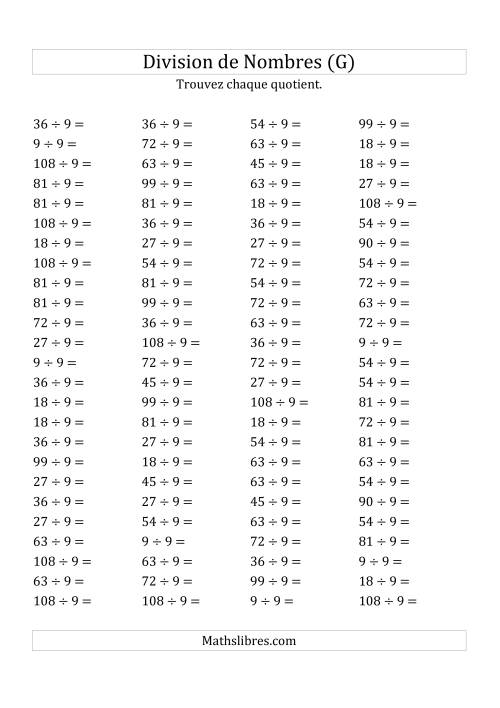 Division de Nombres Par 9 (Quotient 1 - 12) (G)