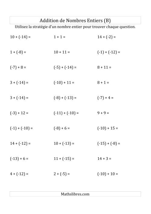 Addition de Nombres Entiers de (-15) à (+15) (Parenthèses sur les Nombres Négatifs) (B)