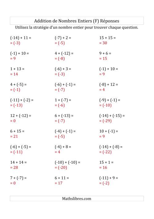 Addition de Nombres Entiers de (-15) à (+15) (Parenthèses sur les Nombres Négatifs) (F) page 2
