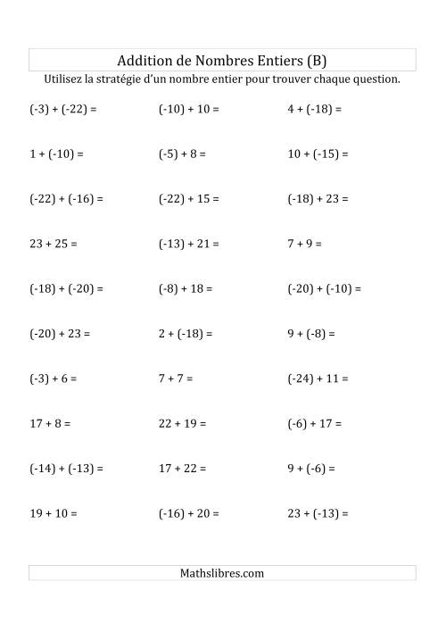 Addition de Nombres Entiers de (-25) à (+25) (Parenthèses sur les Nombres Négatifs) (B)