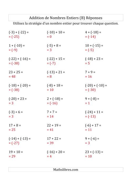 Addition de Nombres Entiers de (-25) à (+25) (Parenthèses sur les Nombres Négatifs) (B) page 2