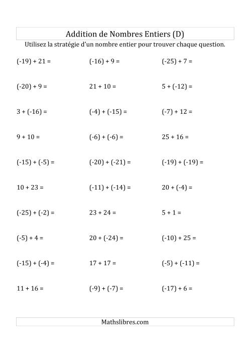 Addition de Nombres Entiers de (-25) à (+25) (Parenthèses sur les Nombres Négatifs) (D)