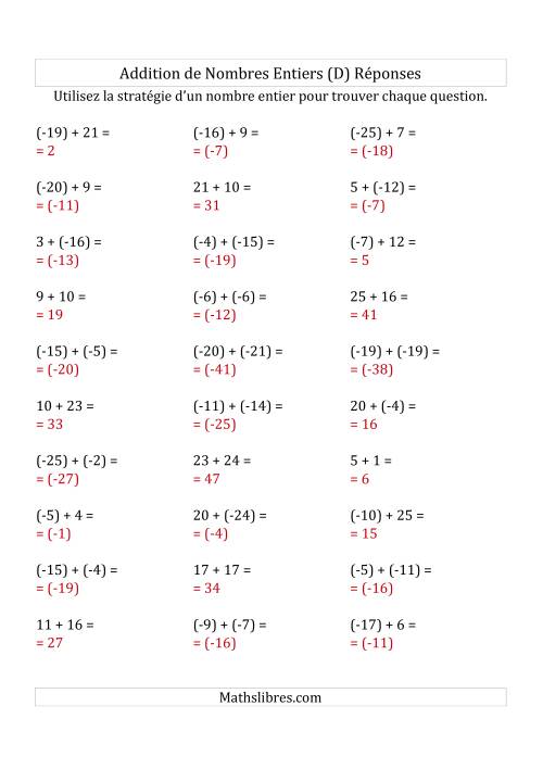 Addition de Nombres Entiers de (-25) à (+25) (Parenthèses sur les Nombres Négatifs) (D) page 2
