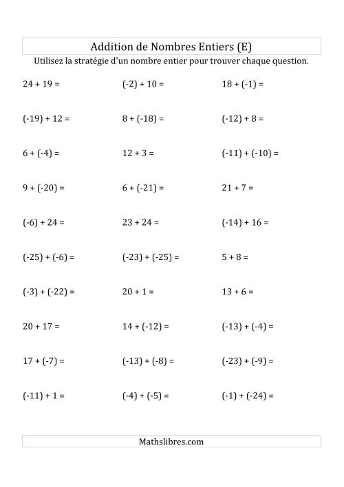 Addition de Nombres Entiers de (-25) à (+25) (Parenthèses sur les Nombres Négatifs) (E)