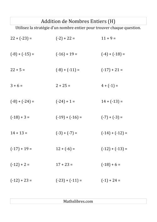Addition de Nombres Entiers de (-25) à (+25) (Parenthèses sur les Nombres Négatifs) (H)