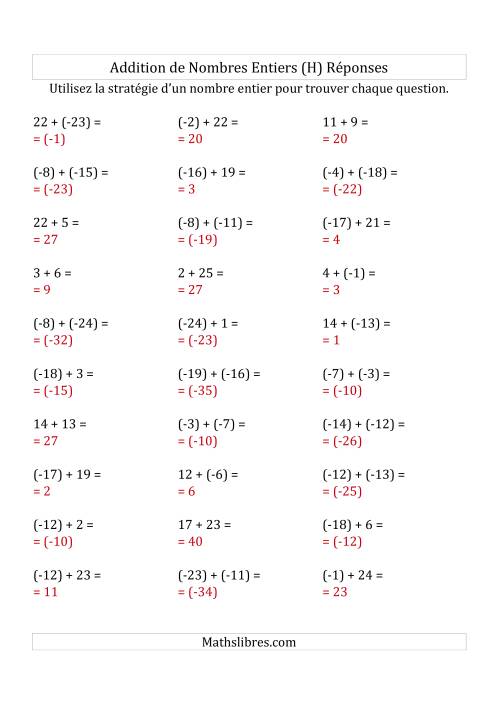 Addition de Nombres Entiers de (-25) à (+25) (Parenthèses sur les Nombres Négatifs) (H) page 2