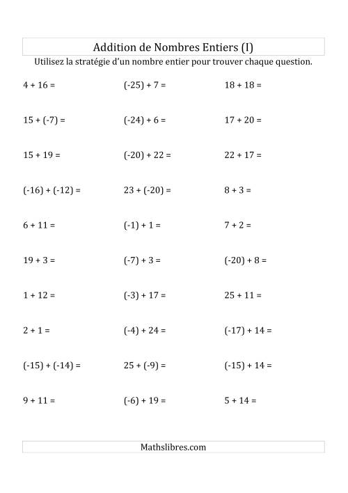 Addition de Nombres Entiers de (-25) à (+25) (Parenthèses sur les Nombres Négatifs) (I)