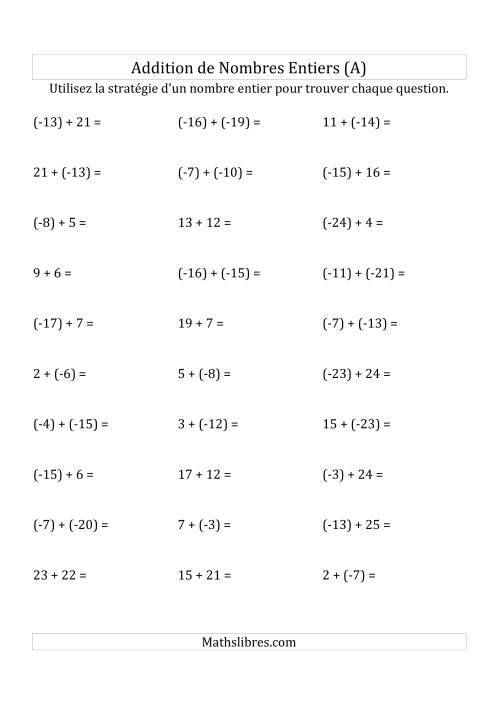 Addition de Nombres Entiers de (-25) à (+25) (Parenthèses sur les Nombres Négatifs) (Tout)