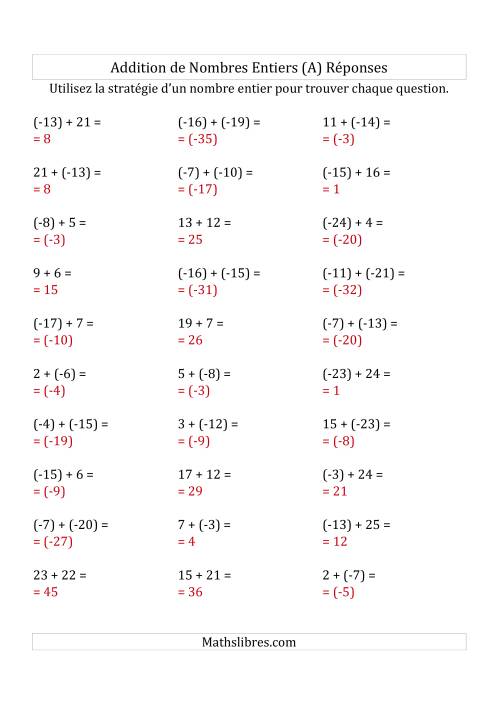 Addition de Nombres Entiers de (-25) à (+25) (Parenthèses sur les Nombres Négatifs) (Tout) page 2