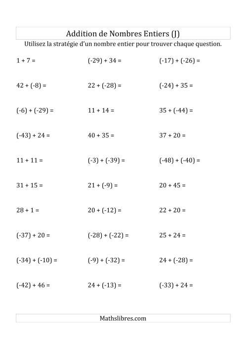 Addition de Nombres Entiers de (-50) à (+50) (Parenthèses sur les Nombres Négatifs) (J)