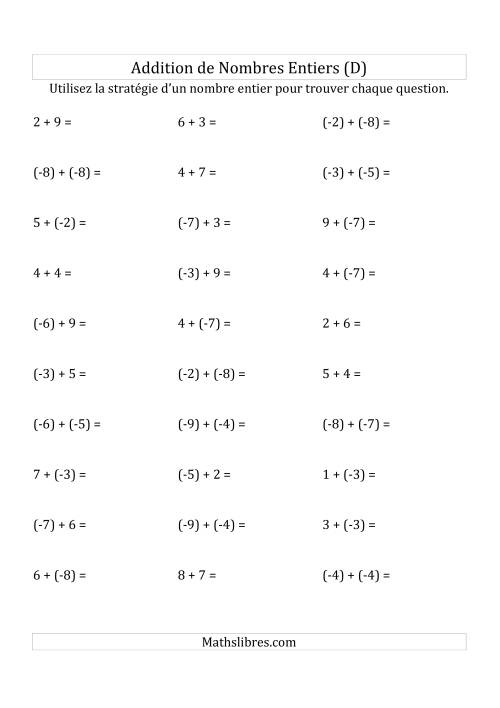 Addition de Nombres Entiers de (-9) à (+9) (Parenthèses sur les Nombres Négatifs) (D)