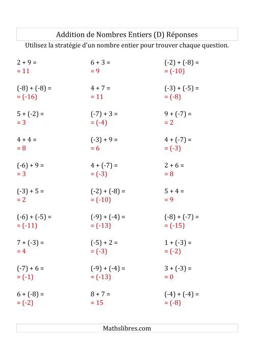 Addition de Nombres Entiers de (-9) à (+9) (Parenthèses sur les Nombres Négatifs) (D) page 2