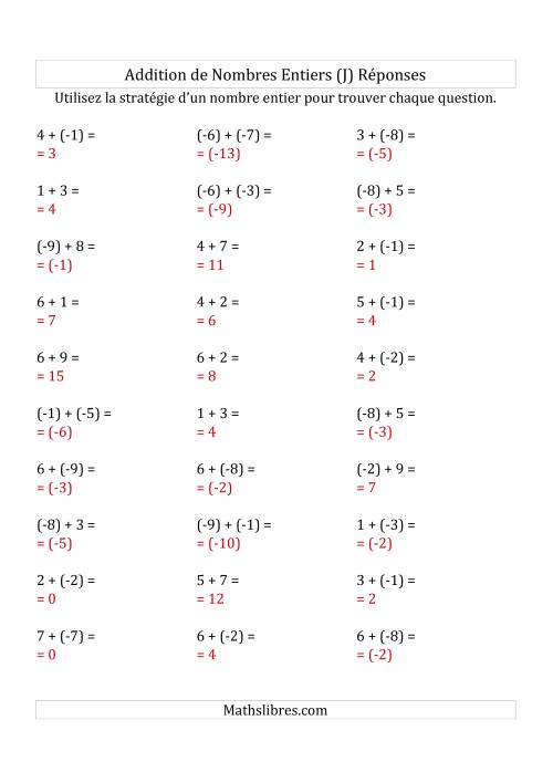 Addition de Nombres Entiers de (-9) à (+9) (Parenthèses sur les Nombres Négatifs) (J) page 2