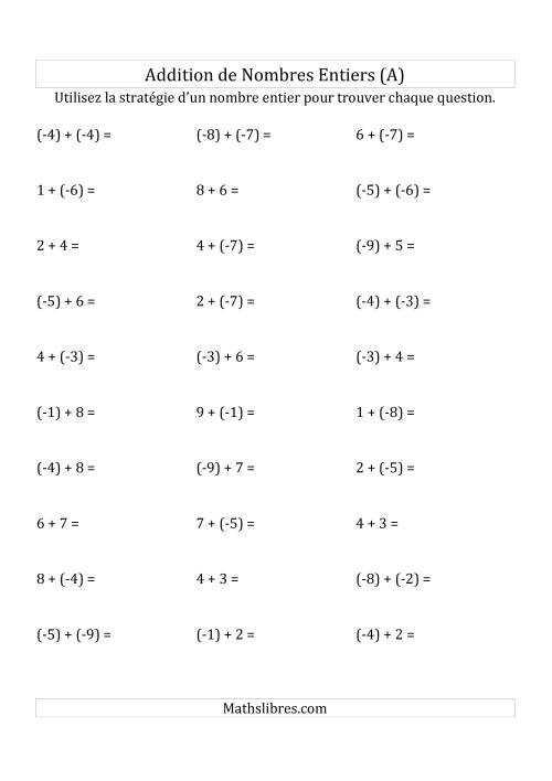 Addition de Nombres Entiers de (-9) à (+9) (Parenthèses sur les Nombres Négatifs) (Tout)