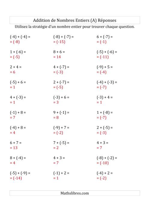 Addition de Nombres Entiers de (-9) à (+9) (Parenthèses sur les Nombres Négatifs) (Tout) page 2