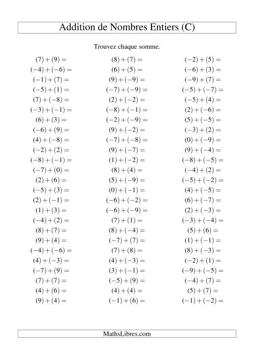 Addition de nombres entiers (-9 à 9) (75 par page) (C)