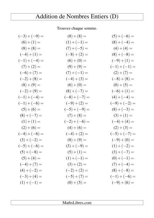 Addition de nombres entiers (-9 à 9) (75 par page) (D)
