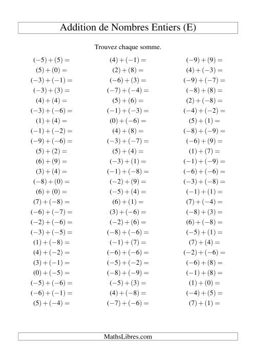 Addition de nombres entiers (-9 à 9) (75 par page) (E)