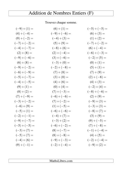 Addition de nombres entiers (-9 à 9) (75 par page) (F)