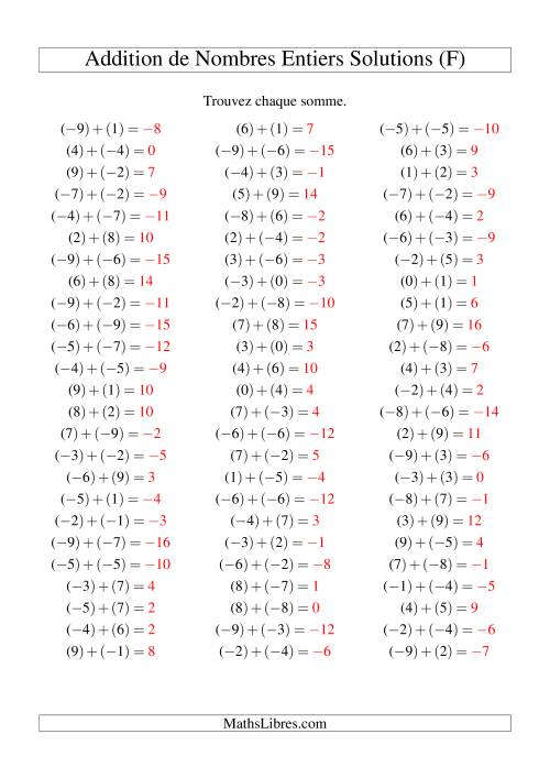 Addition de nombres entiers (-9 à 9) (75 par page) (F) page 2