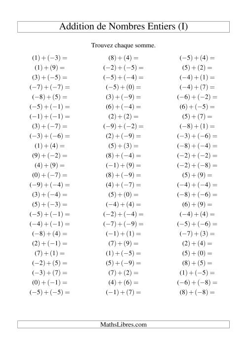 Addition de nombres entiers (-9 à 9) (75 par page) (I)