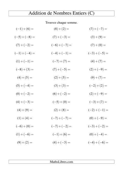 Addition de nombres entiers (-9 à 9) (45 par page) (C)