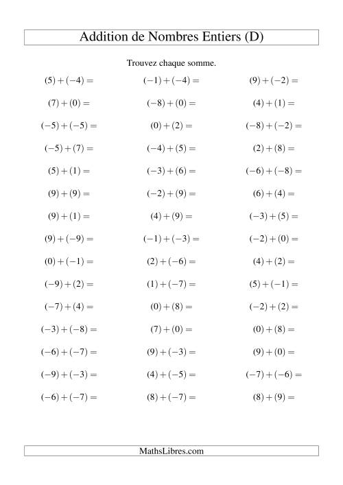 Addition de nombres entiers (-9 à 9) (45 par page) (D)