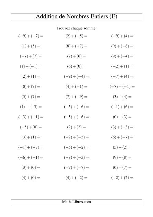 Addition de nombres entiers (-9 à 9) (45 par page) (E)