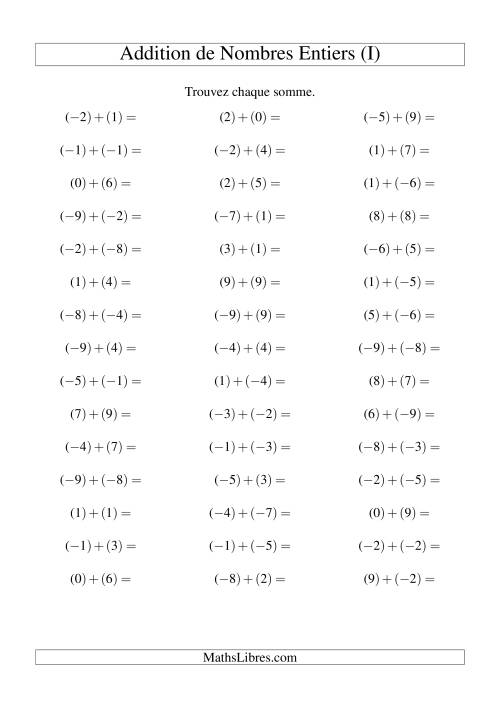 Addition de nombres entiers (-9 à 9) (45 par page) (I)