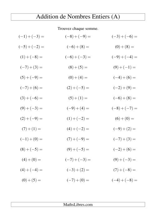 Addition de nombres entiers (-9 à 9) (45 par page) (Tout)