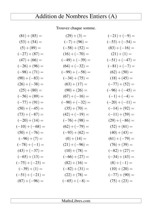 Addition de nombres entiers (-99 à 99) (75 par page) (A)