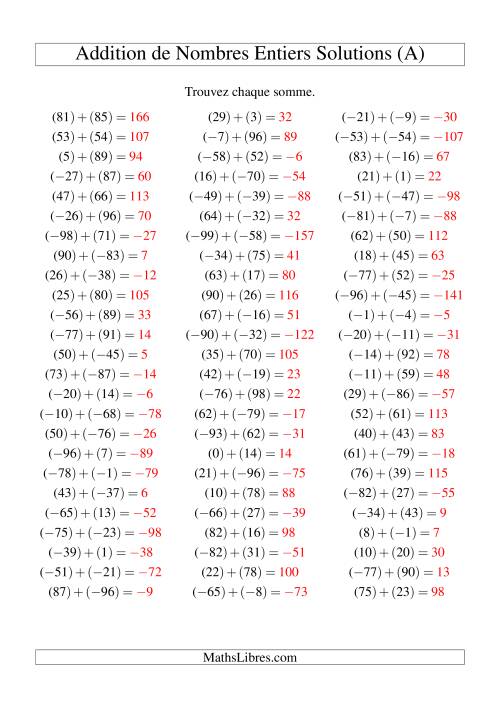 Addition de nombres entiers (-99 à 99) (75 par page) (A) page 2