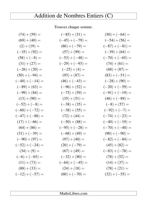 Addition de nombres entiers (-99 à 99) (75 par page) (C)