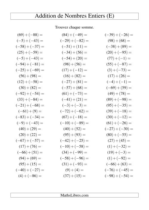 Addition de nombres entiers (-99 à 99) (75 par page) (E)