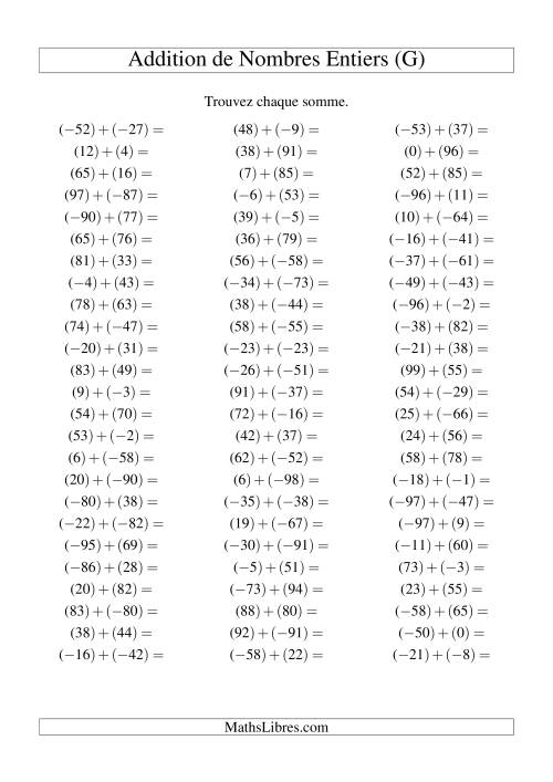 Addition de nombres entiers (-99 à 99) (75 par page) (G)