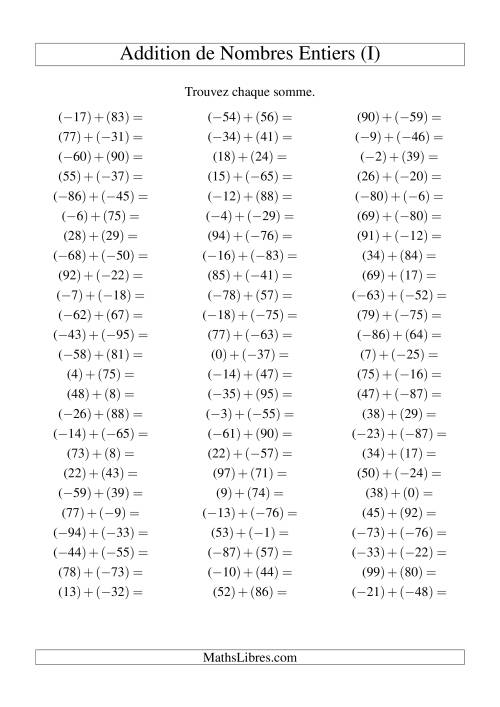 Addition de nombres entiers (-99 à 99) (75 par page) (I)