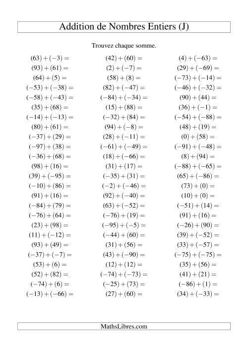 Addition de nombres entiers (-99 à 99) (75 par page) (J)