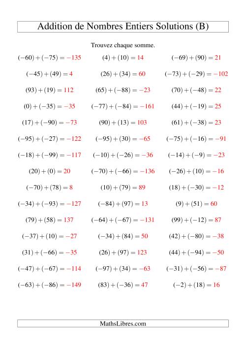 Addition de nombres entiers (-99 à 99) (45 par page) (B) page 2