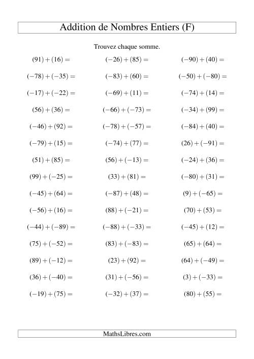 Addition de nombres entiers (-99 à 99) (45 par page) (F)