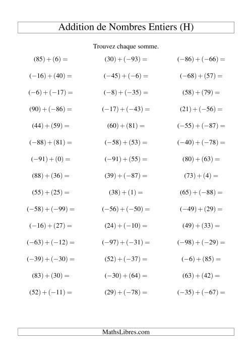 Addition de nombres entiers (-99 à 99) (45 par page) (H)