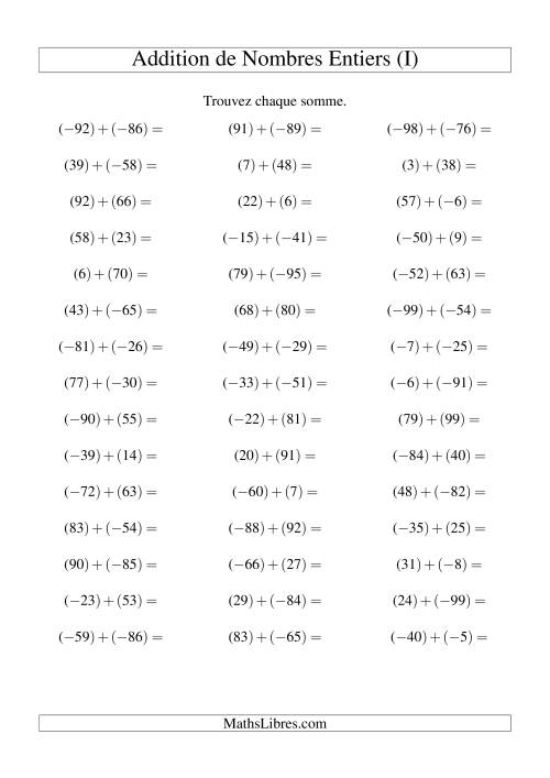 Addition de nombres entiers (-99 à 99) (45 par page) (I)