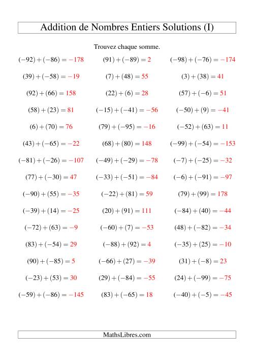 Addition de nombres entiers (-99 à 99) (45 par page) (I) page 2