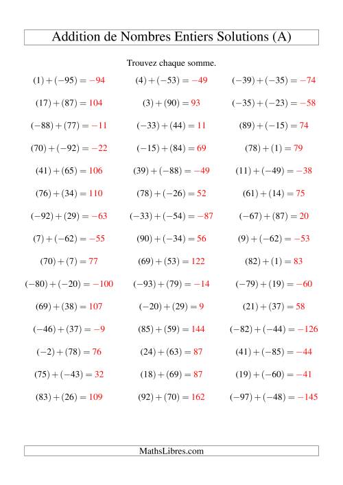 Addition de nombres entiers (-99 à 99) (45 par page) (Tout) page 2