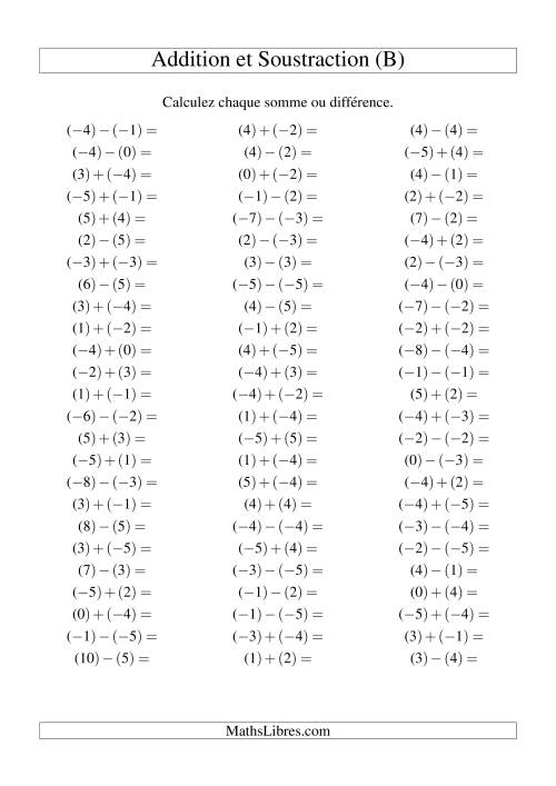 Addition et soustraction de nombres entiers avec parenthèses autour de chaque entier (-5 à 5) (75 par page) (B)