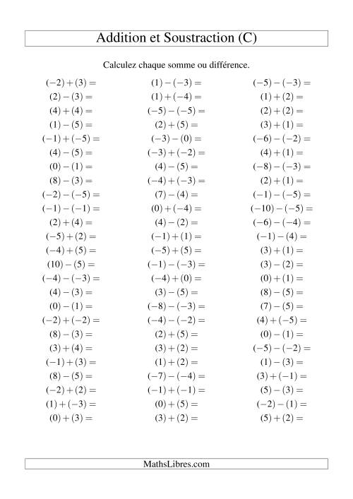 Addition et soustraction de nombres entiers avec parenthèses autour de chaque entier (-5 à 5) (75 par page) (C)