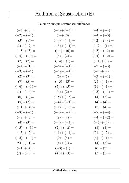 Addition et soustraction de nombres entiers avec parenthèses autour de chaque entier (-5 à 5) (75 par page) (E)