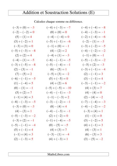 Addition et soustraction de nombres entiers avec parenthèses autour de chaque entier (-5 à 5) (75 par page) (E) page 2